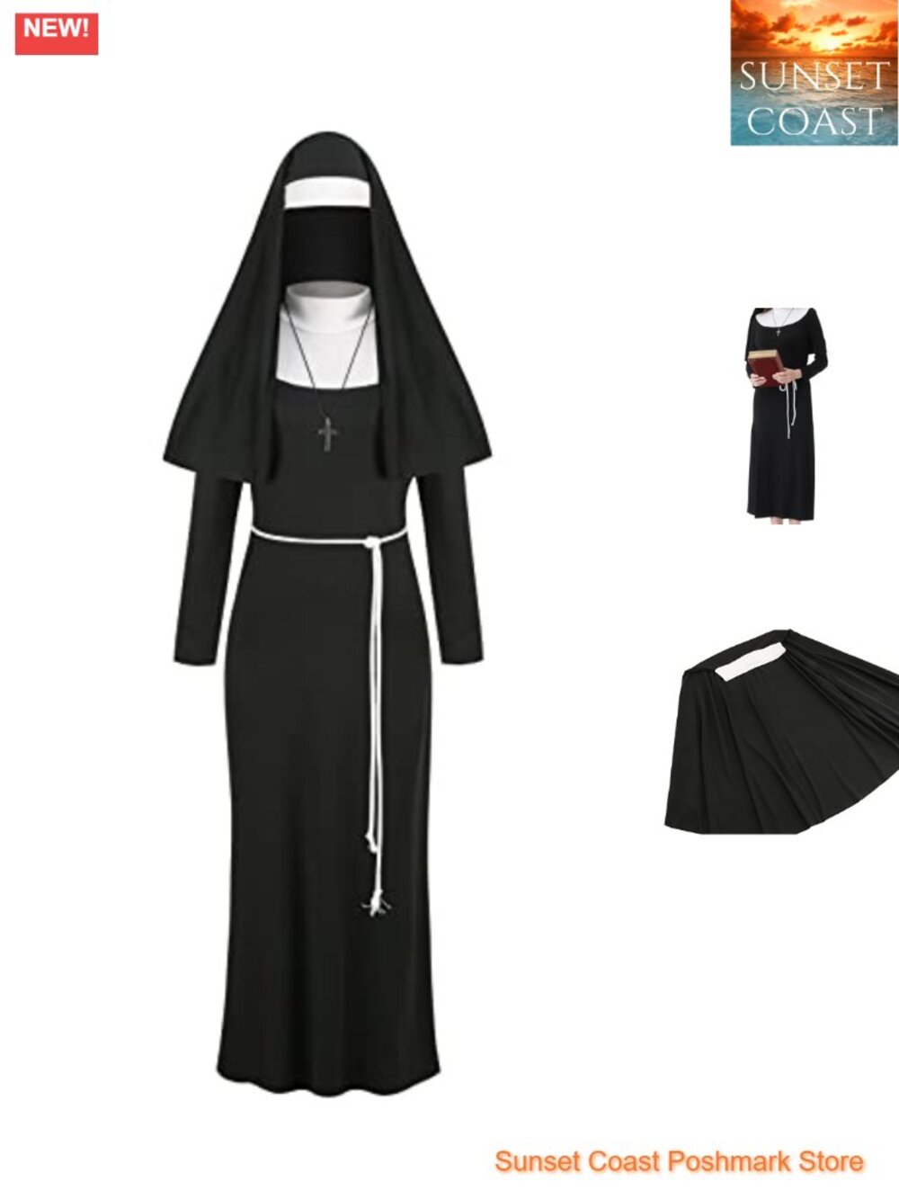 4 Piece Nun Habit Costume Dress Headpiece Cross Waistband Adult